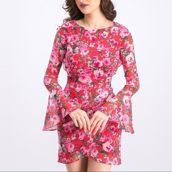 B Darlin Dresses & Skirts - B Darlin Floral Open Back Bell Sleeve Mini Dress 13/14